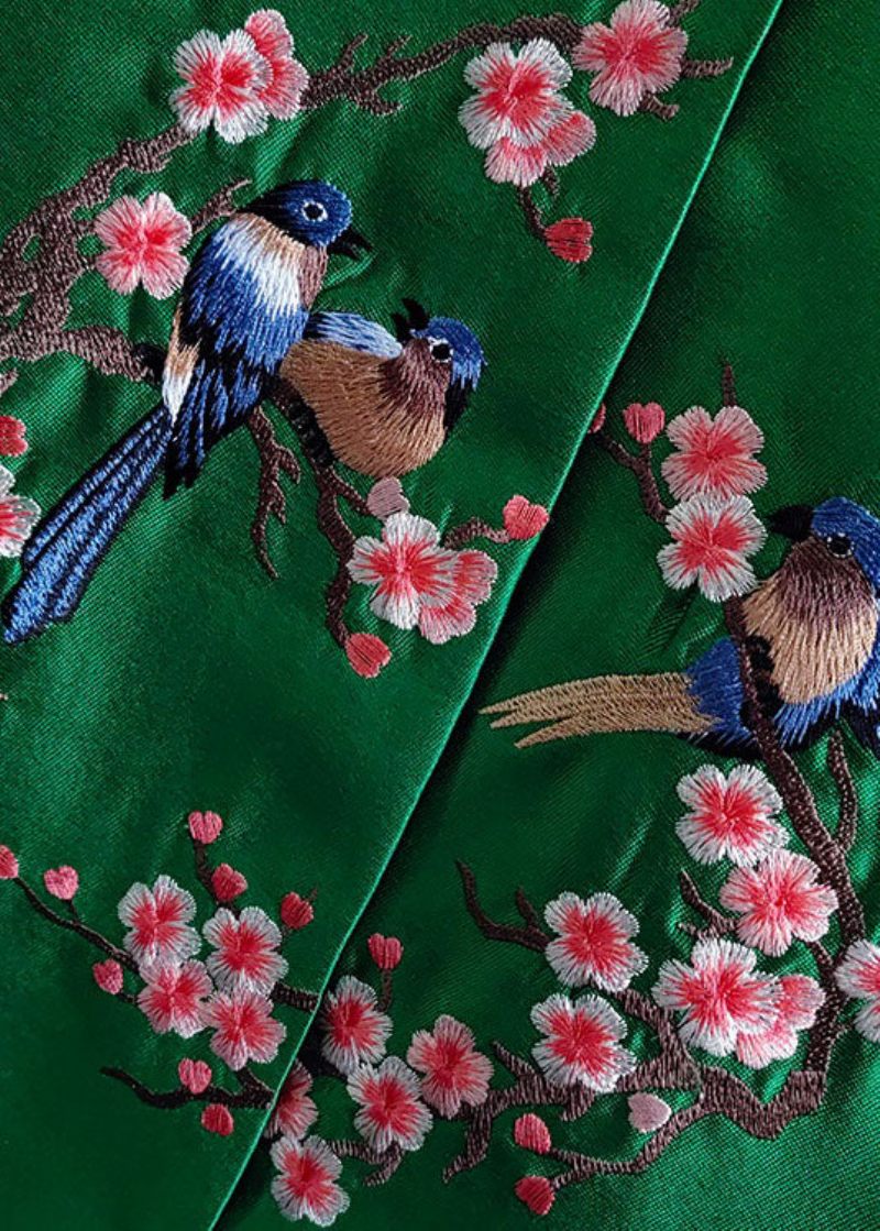 Fransk Grøn Broderet Fugl Patchwork Silkefrakke Fjeder - Dame vinterfrakker