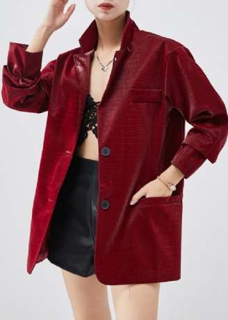 Fransk Mulberry Krokodille Mønster Faux Læder Coat Spring