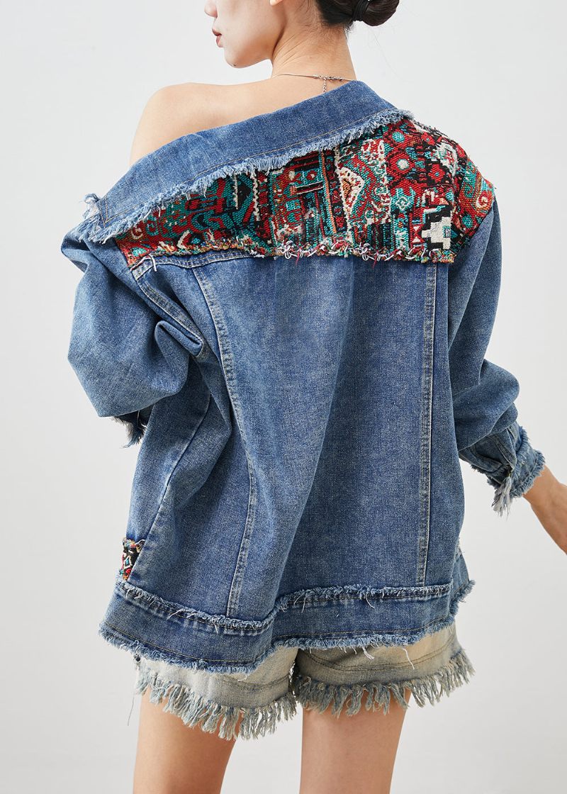 French Blue Oversized Patchwork Applique Denim Frakker Forår - Dame vinterfrakker