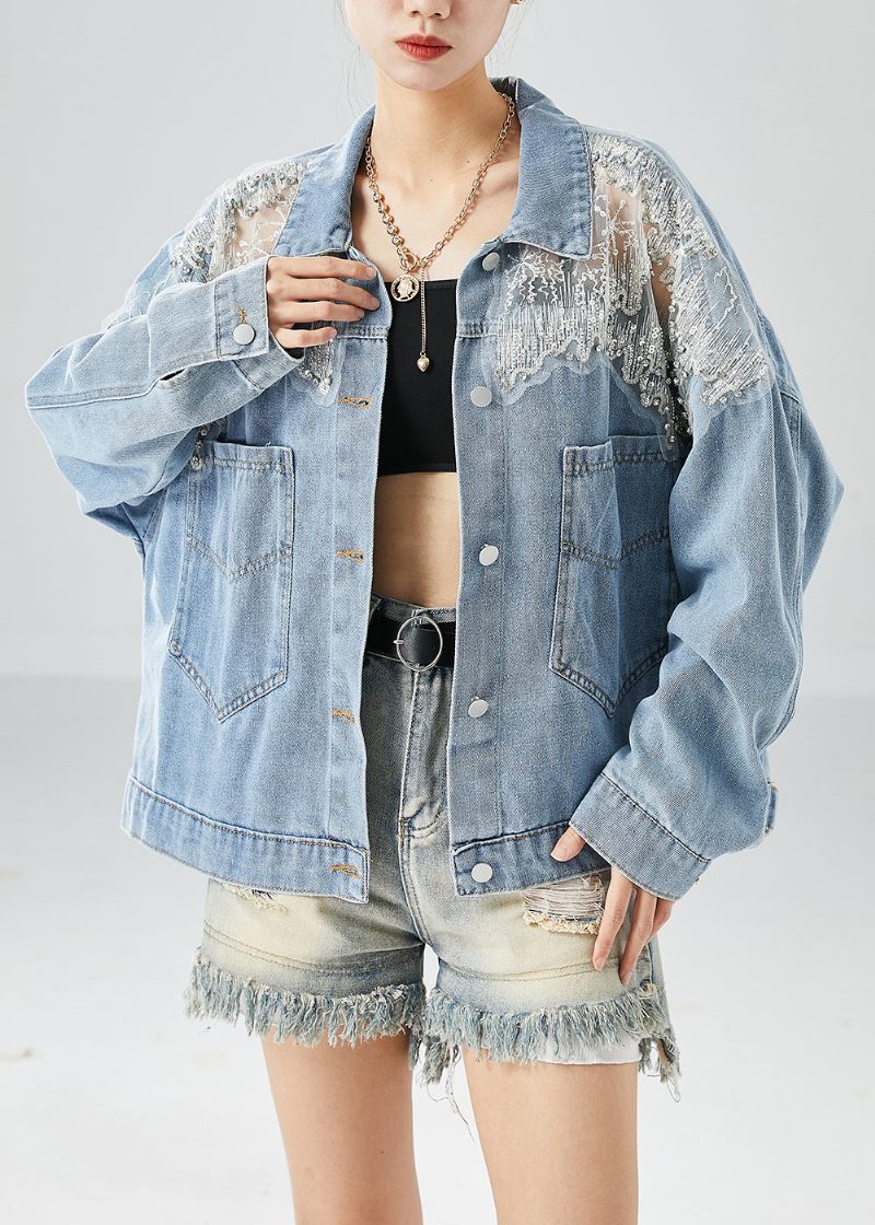 Gør-det-selv Lyseblå Hollow Out Patchwork Zircon Denim Coat Outwear Efterår - Dame vinterfrakker