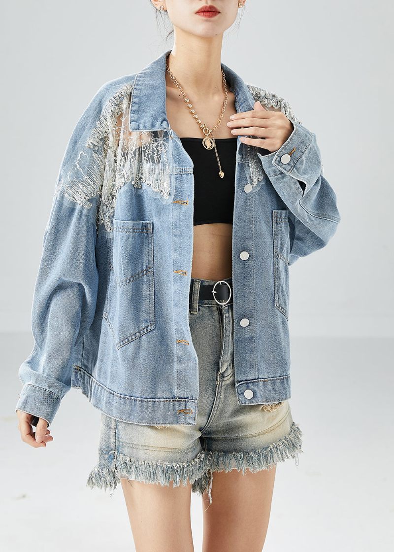 Gør-det-selv Lyseblå Hollow Out Patchwork Zircon Denim Coat Outwear Efterår - Dame vinterfrakker