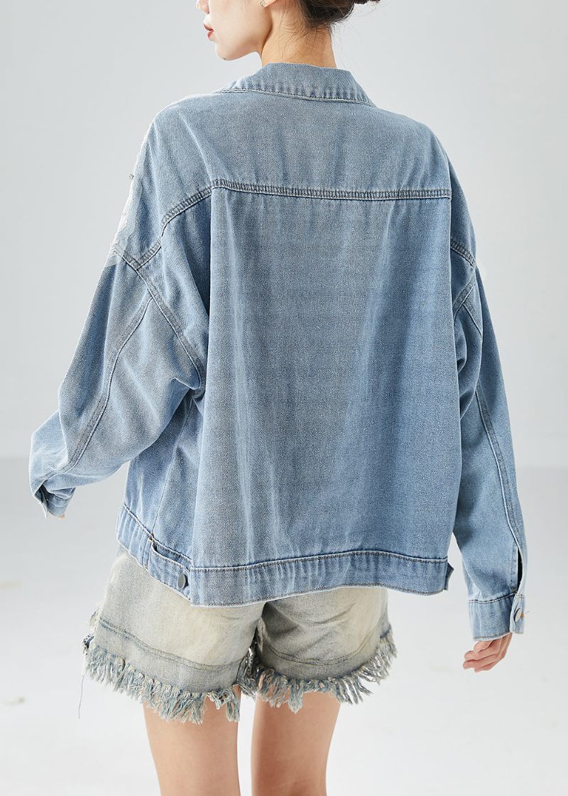 Gør-det-selv Lyseblå Hollow Out Patchwork Zircon Denim Coat Outwear Efterår - Dame vinterfrakker