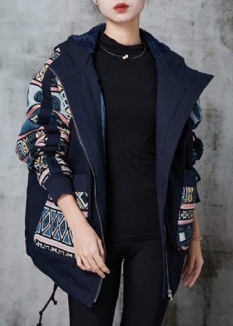 Gør-det-selv Navy Oversized Print Fine Bomuldsfyldte Jakker Vinter