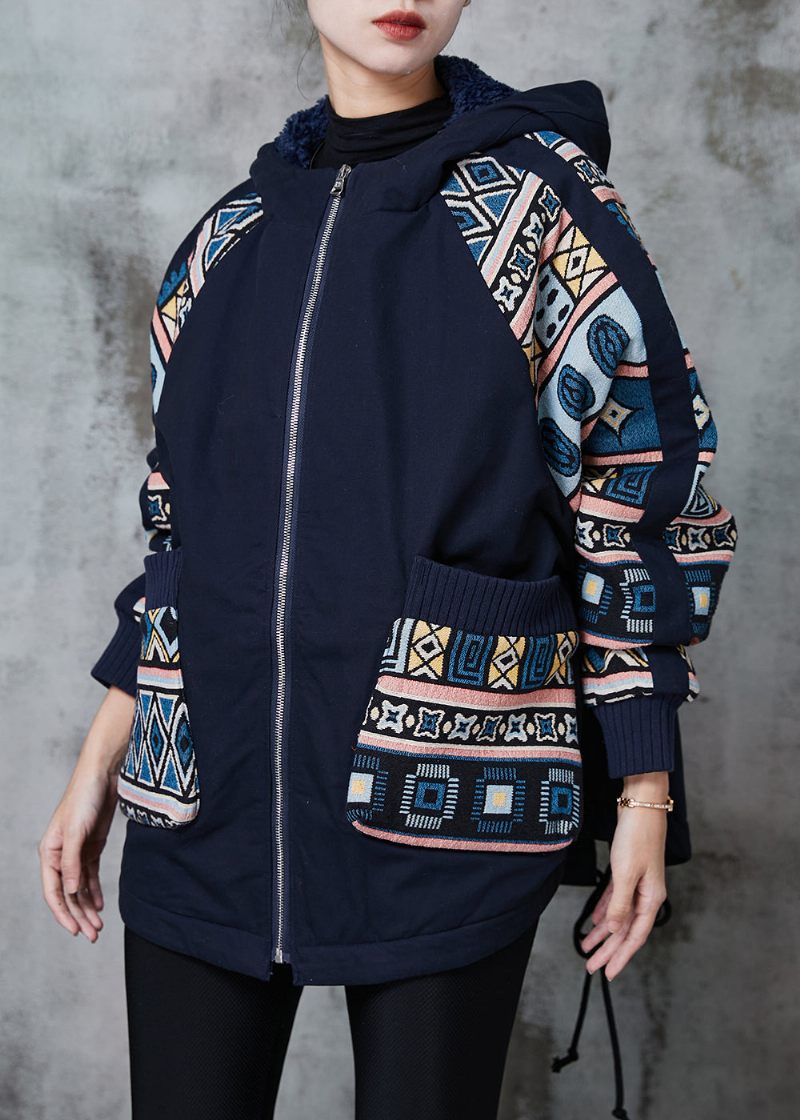 Gør-det-selv Navy Oversized Print Fine Bomuldsfyldte Jakker Vinter - Dame vinterfrakker