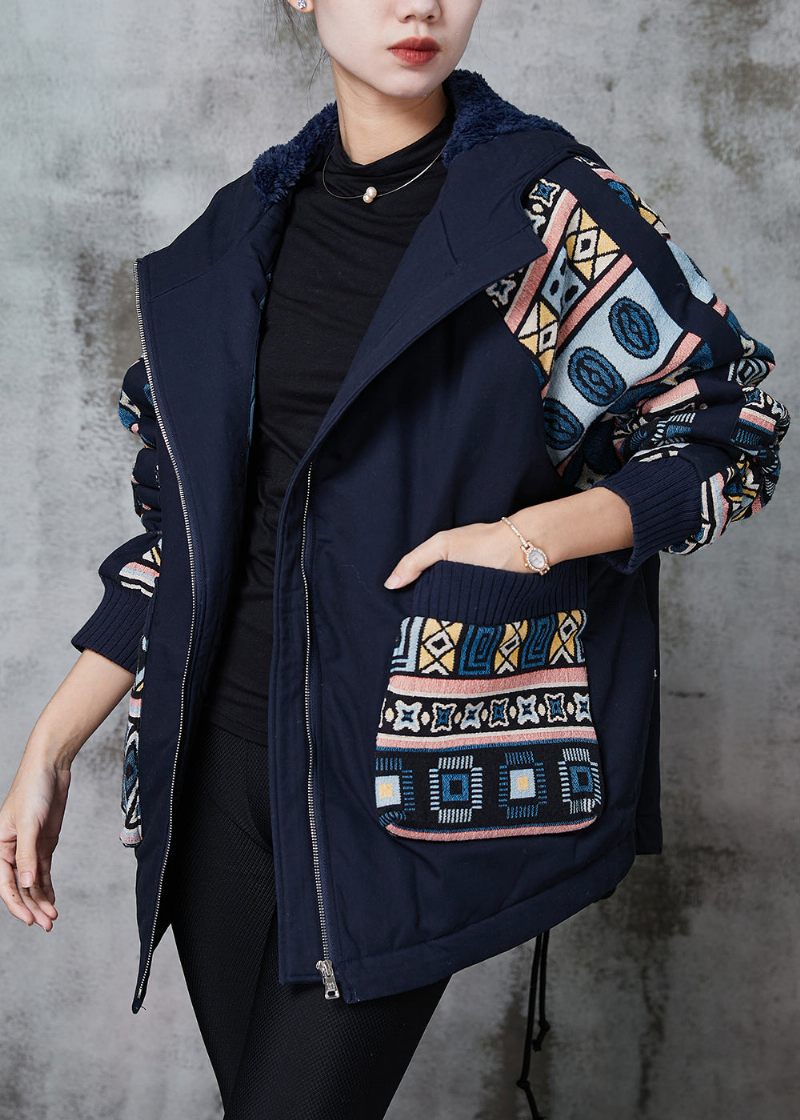 Gør-det-selv Navy Oversized Print Fine Bomuldsfyldte Jakker Vinter - Dame vinterfrakker
