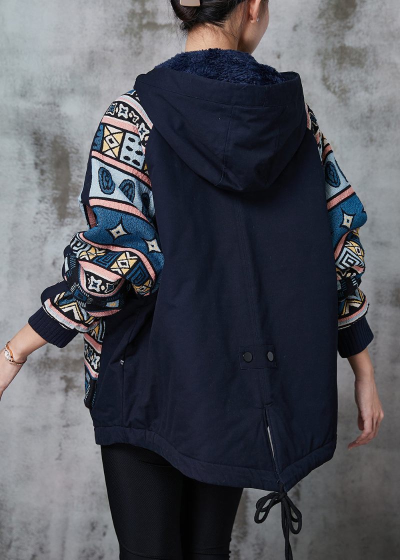 Gør-det-selv Navy Oversized Print Fine Bomuldsfyldte Jakker Vinter - Dame vinterfrakker