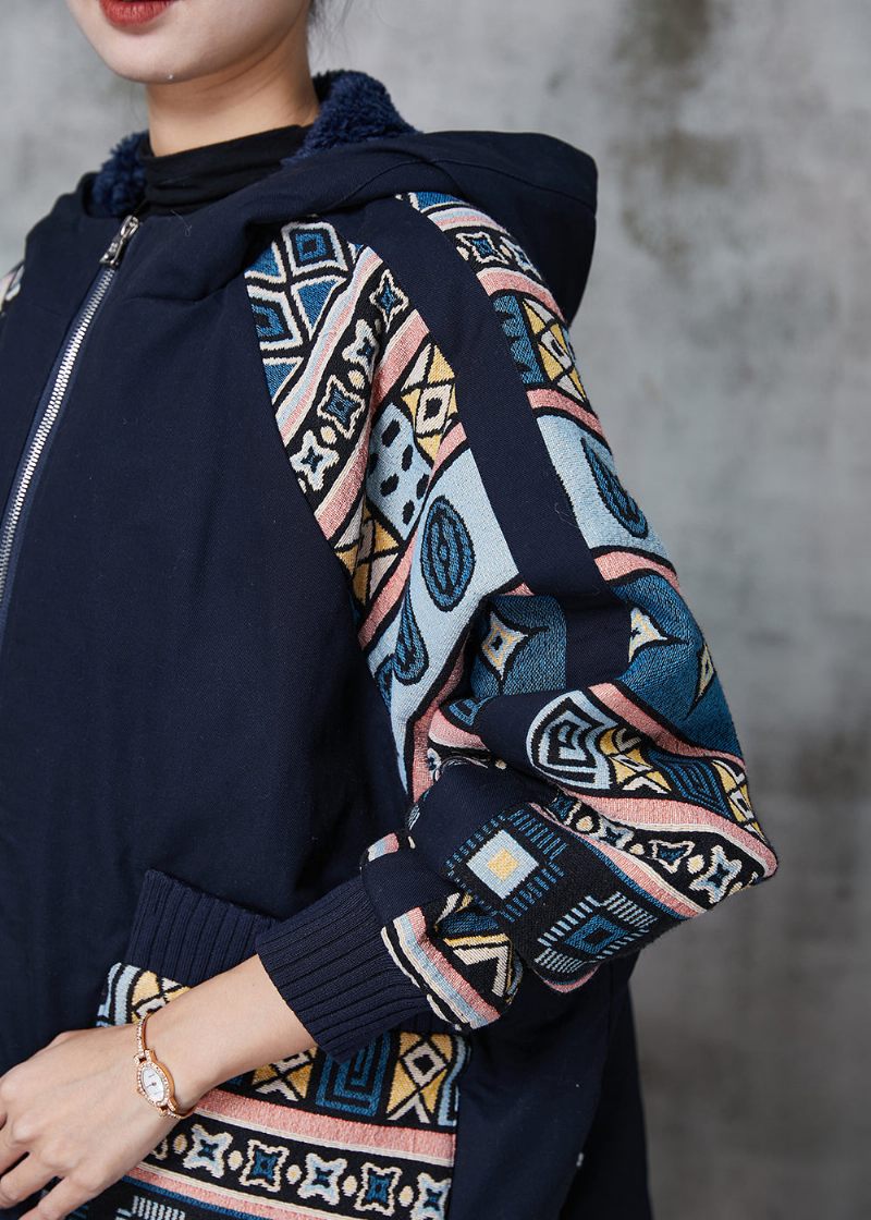 Gør-det-selv Navy Oversized Print Fine Bomuldsfyldte Jakker Vinter - Dame vinterfrakker