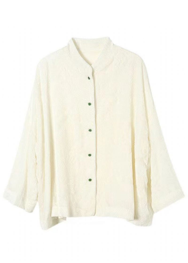 Jacquard Hvid Stand Krave Knap Silke Velour Frakke Fall - Dame vinterfrakker