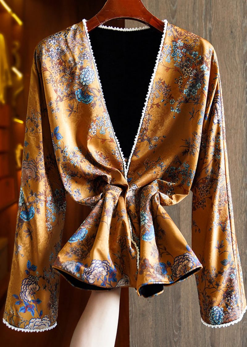 Kinesisk Stil Gul V-hals Udskriv Nail Bead Slid På Begge Sider Silk Coat Fall - Dame vinterfrakker