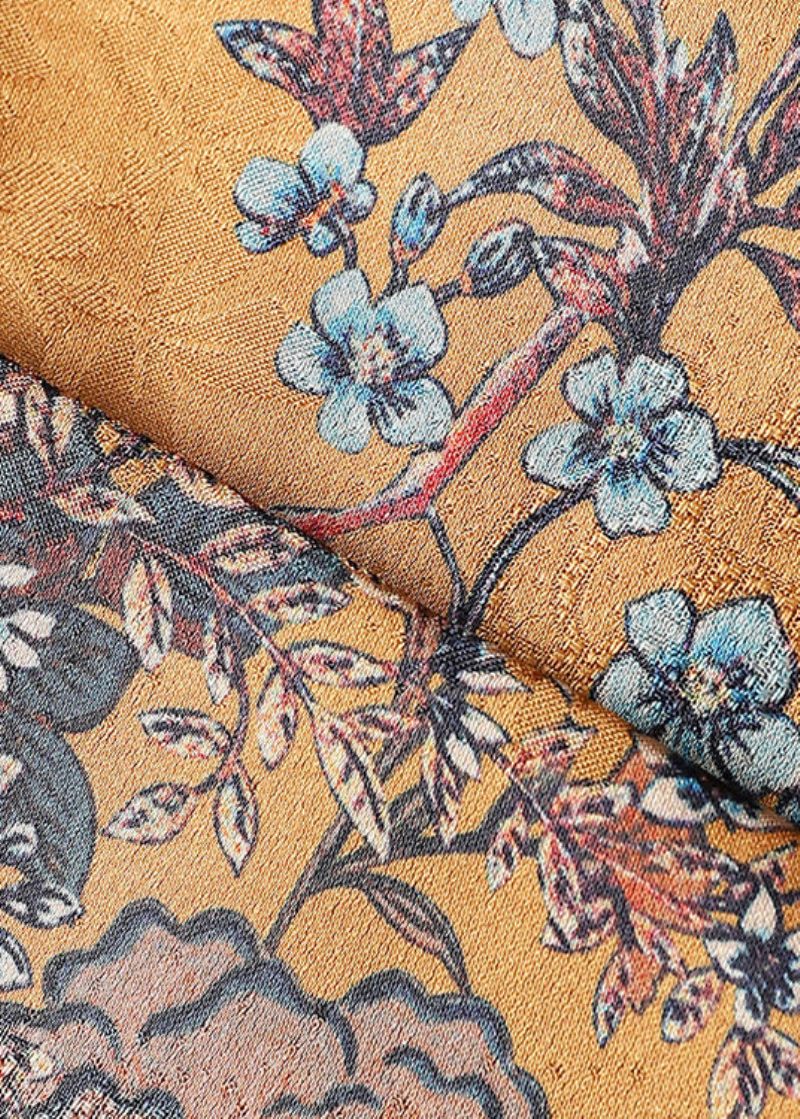 Kinesisk Stil Gul V-hals Udskriv Nail Bead Slid På Begge Sider Silk Coat Fall - Dame vinterfrakker