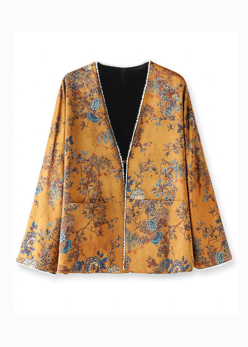 Kinesisk Stil Gul V-hals Udskriv Nail Bead Slid På Begge Sider Silk Coat Fall - Dame vinterfrakker