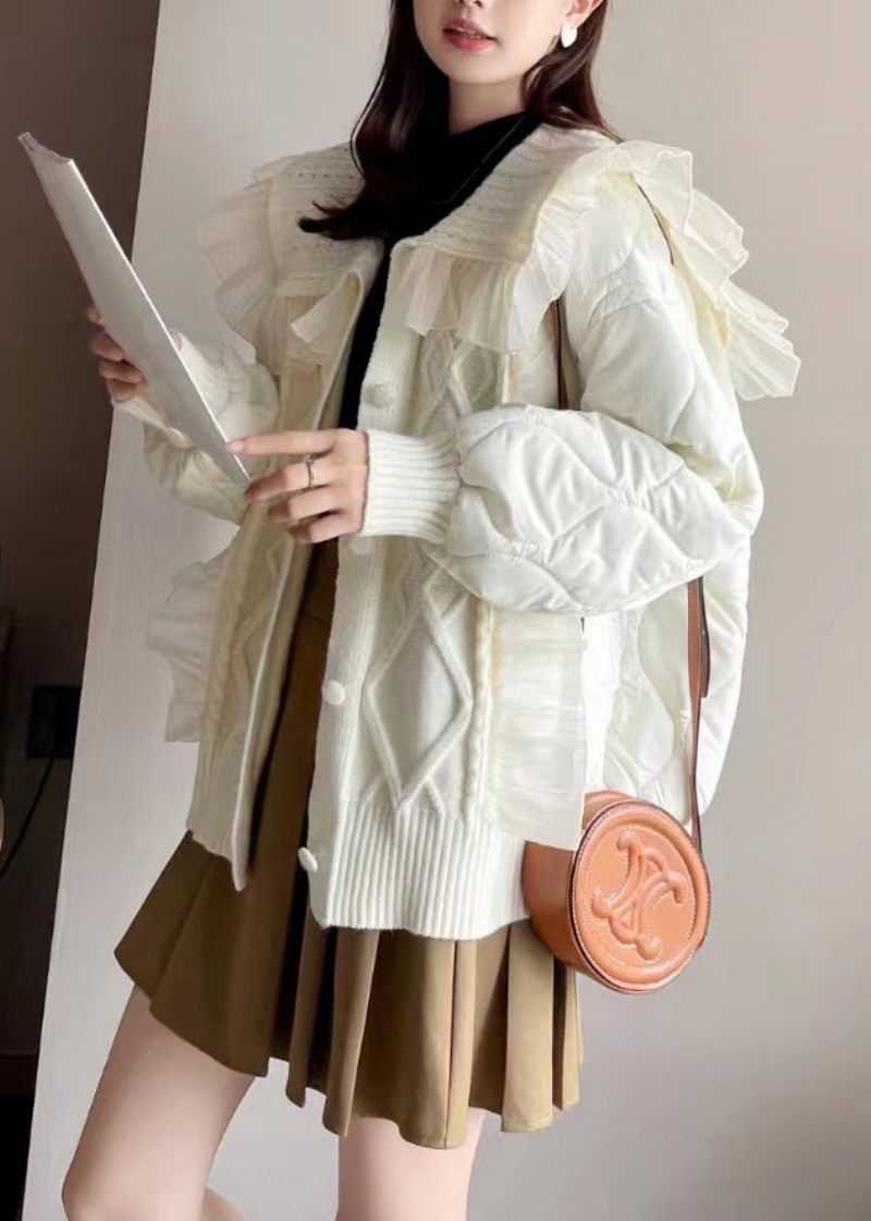 Klassisk Hvid Flæsestrikket Patchwork Bomuldsfyldt Frakke Med Lange Ærmer - Dame vinterfrakker