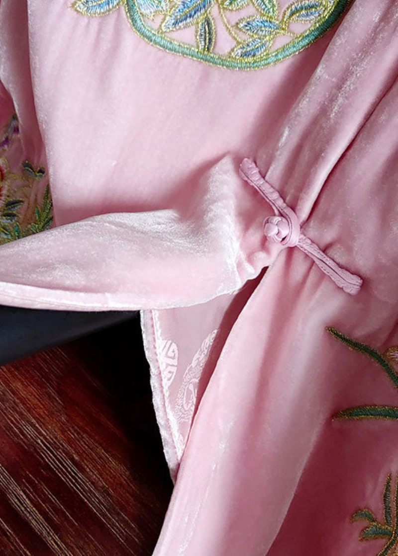 Klassisk Pink Stand Krave Broderet Patchwork Silke Velour Outwear Spring - Dame vinterfrakker