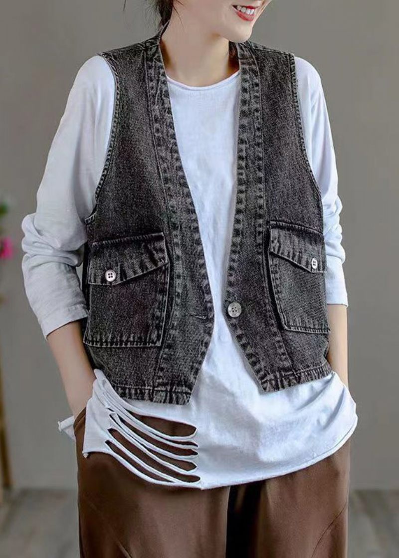 Klassiske Sorte V-halslommer Patchwork Denimvest Efterår - Dame vinterfrakker
