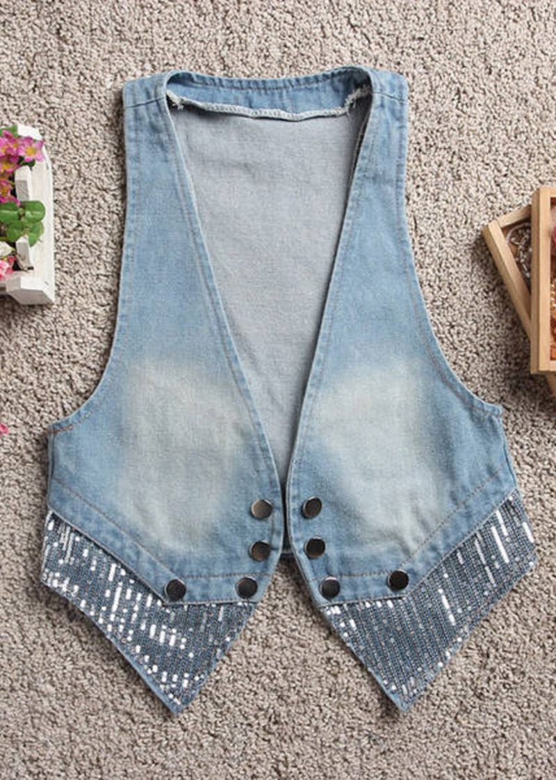 Kunst Lyseblå V-hals Patchwork Knap Denim Vest Efterår