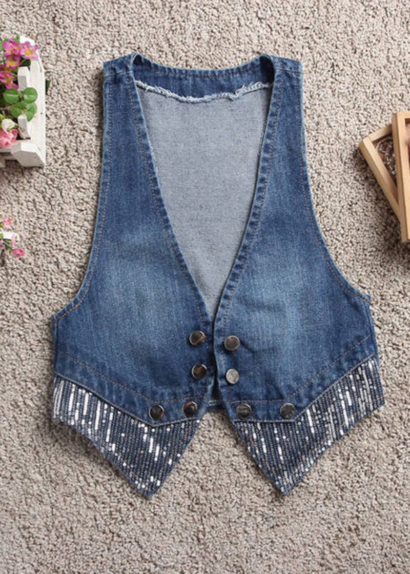 Kunst Lyseblå V-hals Patchwork Knap Denim Vest Efterår - Lyseblå