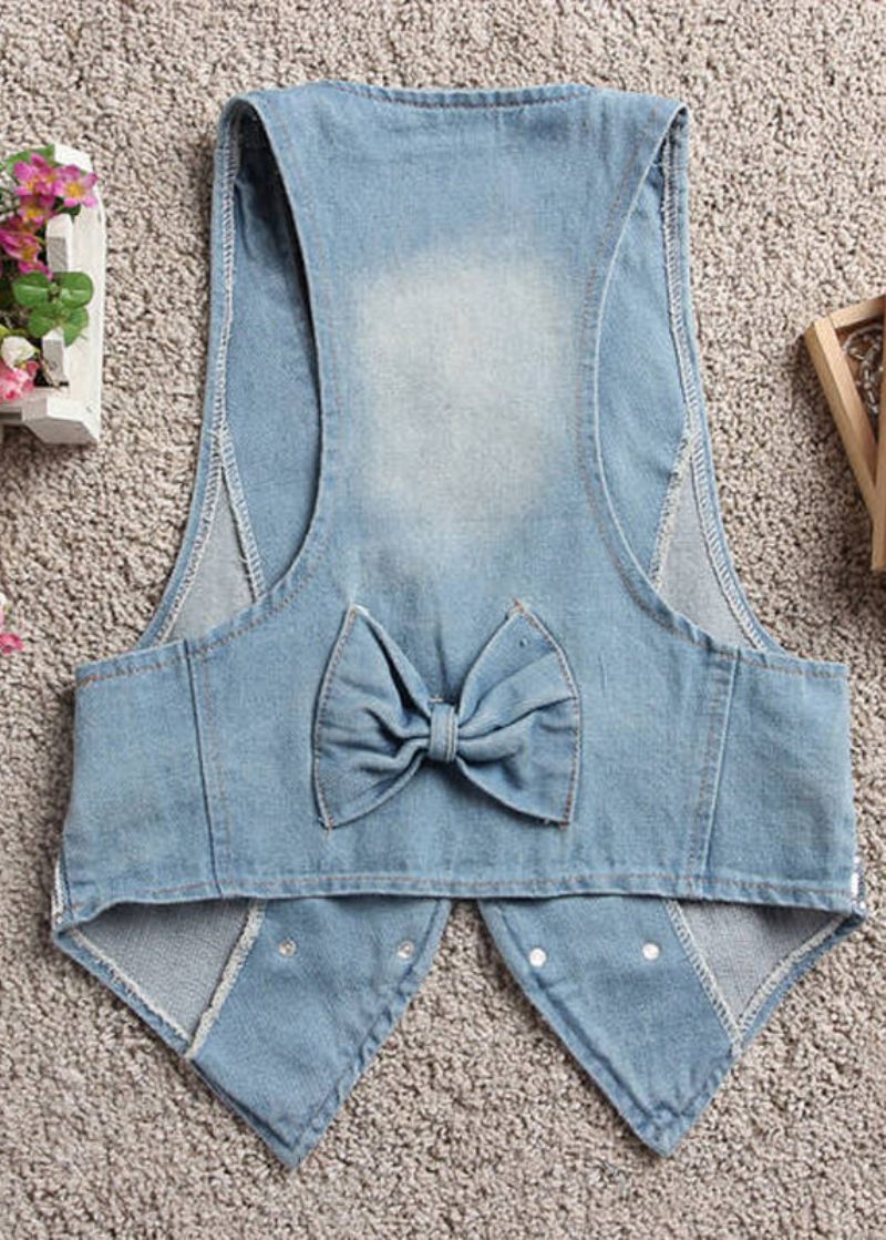 Kunst Lyseblå V-hals Patchwork Knap Denim Vest Efterår - Lyseblå