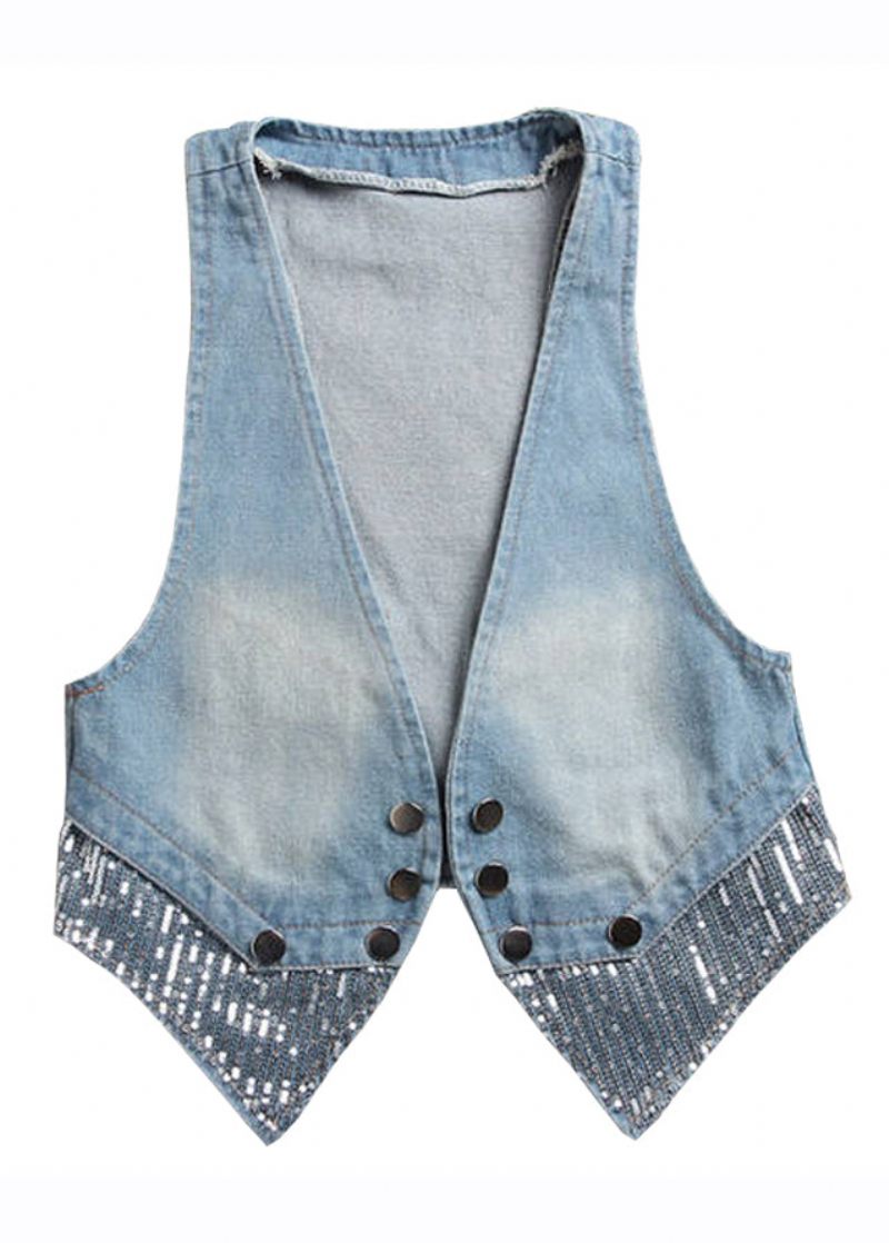 Kunst Lyseblå V-hals Patchwork Knap Denim Vest Efterår - Lyseblå
