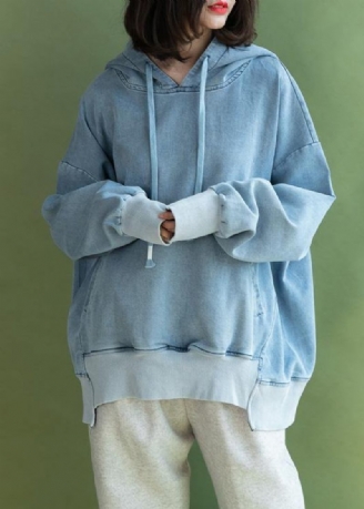 Kvinder Batwing Sleeve Bomuld Hættetrøjer Syning Lyseblå Bluse