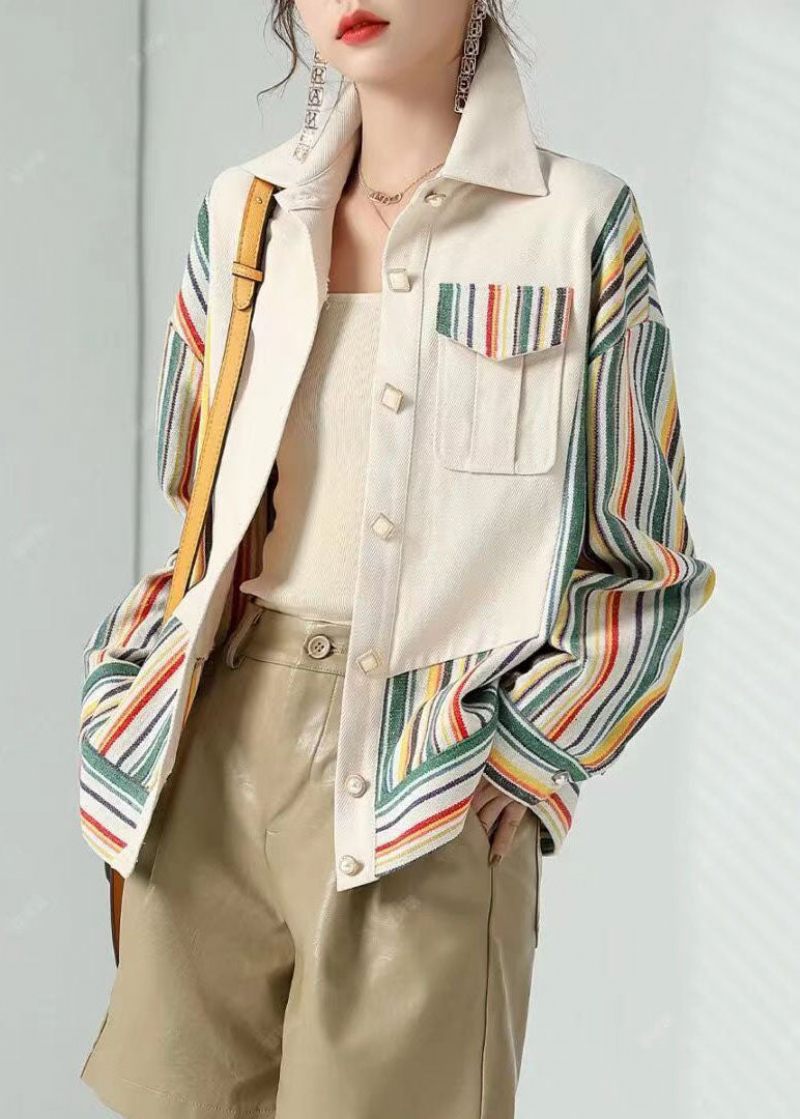 Kvinder Beige Peter Pan Krave Lommer Stribet Patchwork Bomuld Frakke Fall - Dame vinterfrakker