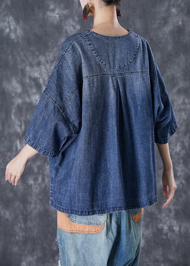 Kvinder Blå V-hals Patchwork Lommer Denim Frakker Sommer - Dame vinterfrakker