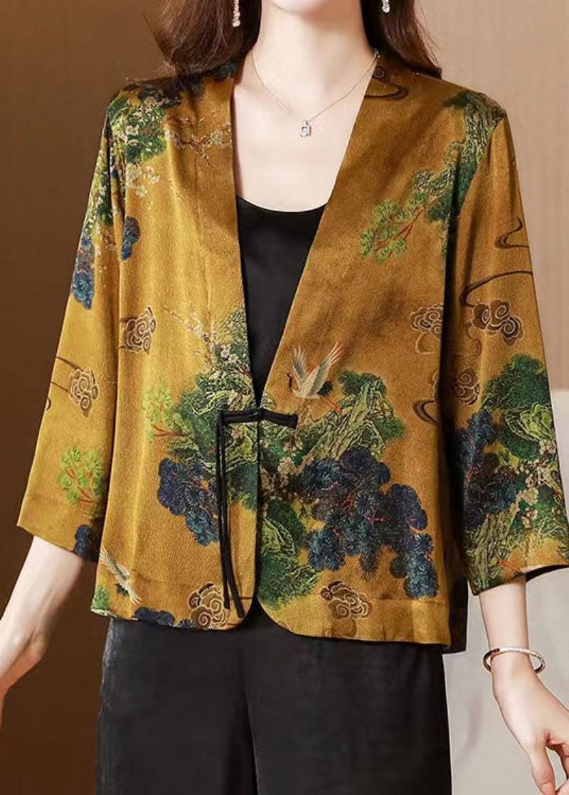 Kvinder Gul V-hals Kvast Knap Print Silke Cardigans Frakker Forår - Dame vinterfrakker