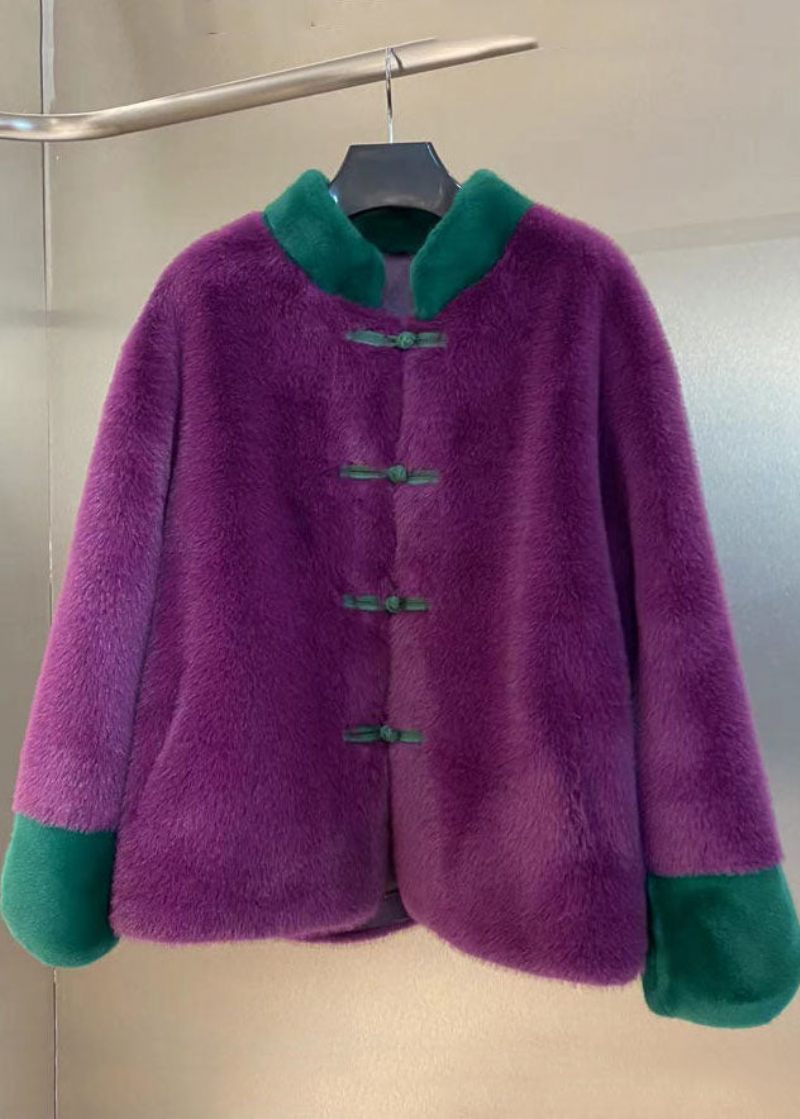 Kvinder Lilla Stand Krave Patchwork Orientalsk Knap Mink Velvet Frakker Vinter