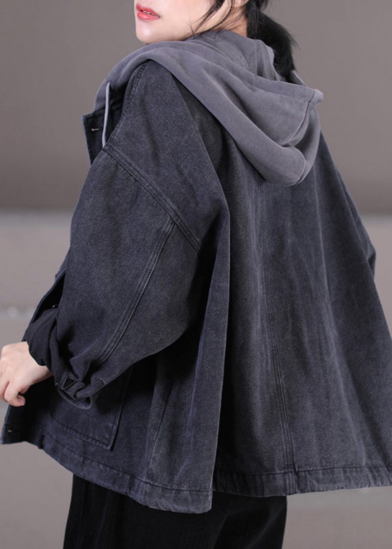 Kvinder Mørkegrå Snøre Strik Patchwork Knap Denim Hættefrakker Fall - Dame vinterfrakker