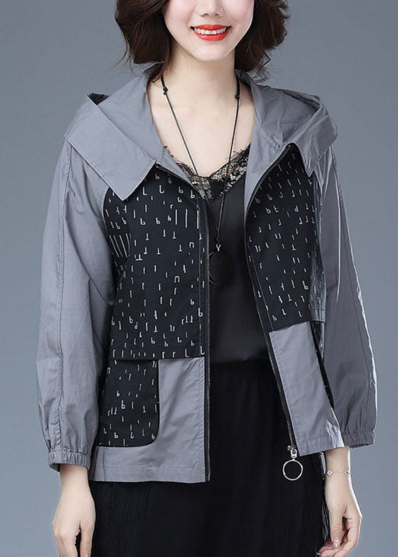 Kvinder Sort Hooded Print Lommer Patchwork Bomuld Overdele Frakker Efterår - Dame vinterfrakker