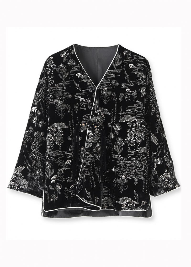 Kvinder Sort V-hals Jacquard Patchwork Silke Velour Frakker Efterår - Dame vinterfrakker