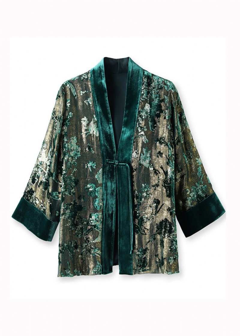 Løs Grøn V-hals Jacquard Patchwork Silke Velour Frakker Efterår - Dame vinterfrakker