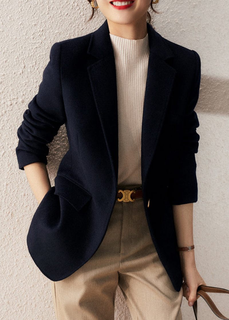 Løs Marineblå Knap Patchwork Spandex Frakker Efterår