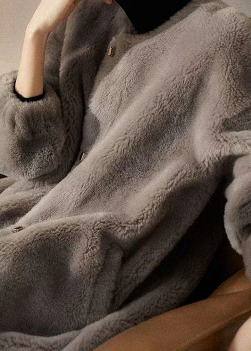 Løse Grå O-halslommer Patchwork Uldfrakker Vinter - Dame vinterfrakker