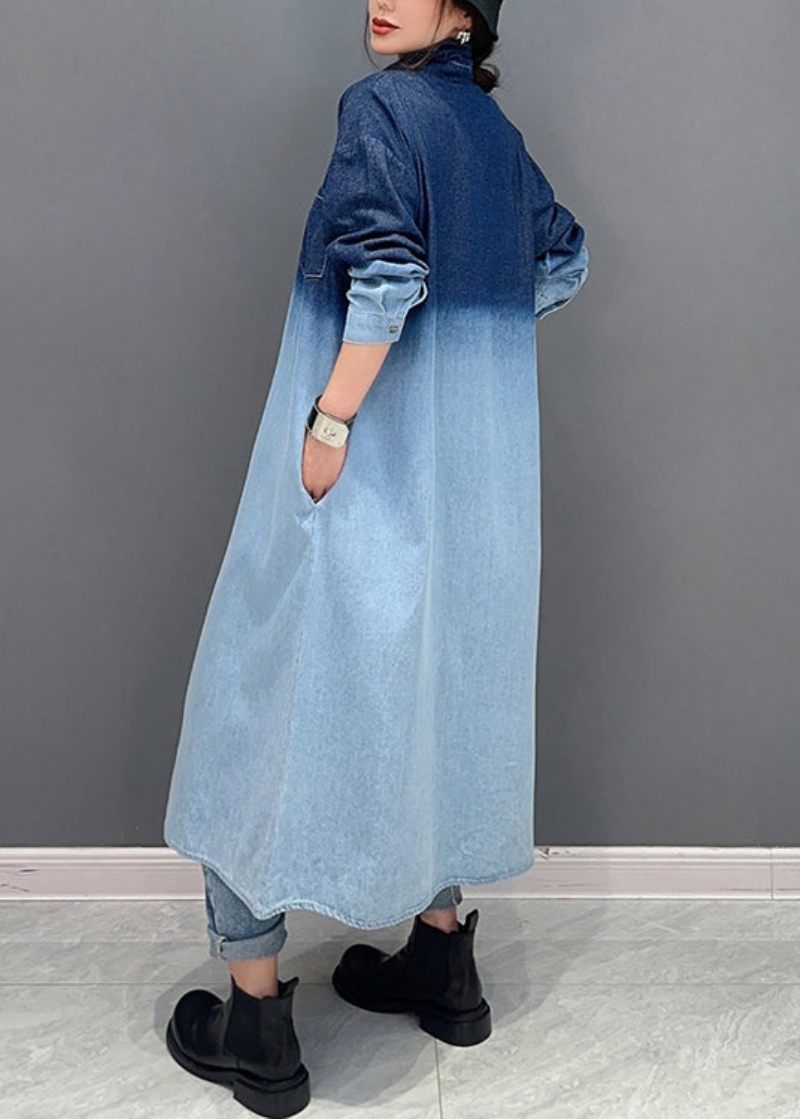 Løse Gradient Farve Knap Lommer Denim Lang Frakke Fall - Dame vinterfrakker