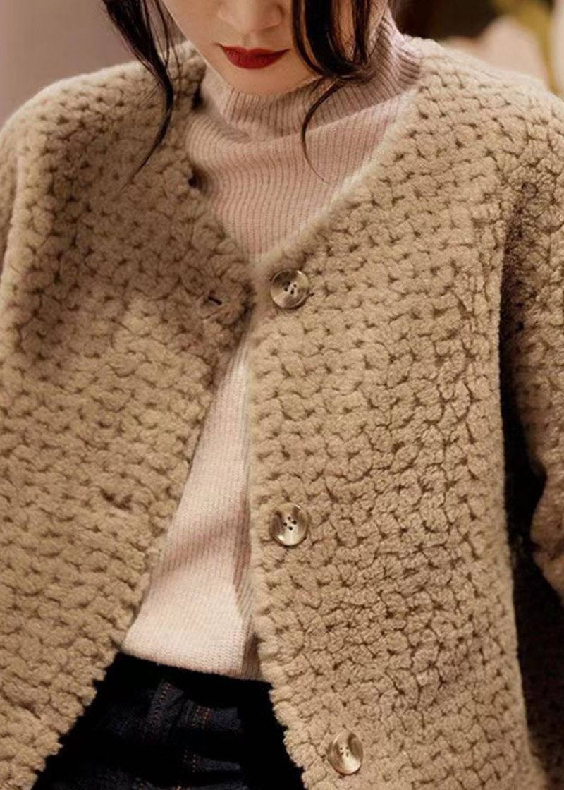 Løse Khaki O-halslommer Patchwork Uldfrakker Vinter - Dame vinterfrakker