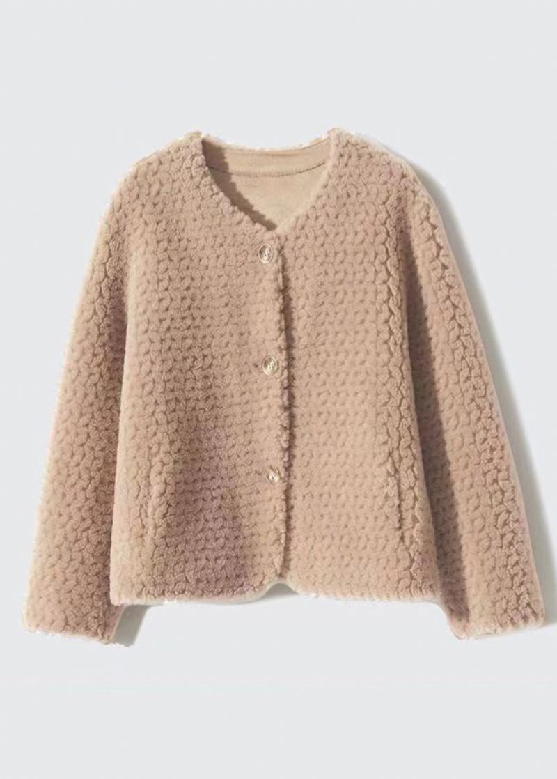 Løse Khaki O-halslommer Patchwork Uldfrakker Vinter - Dame vinterfrakker