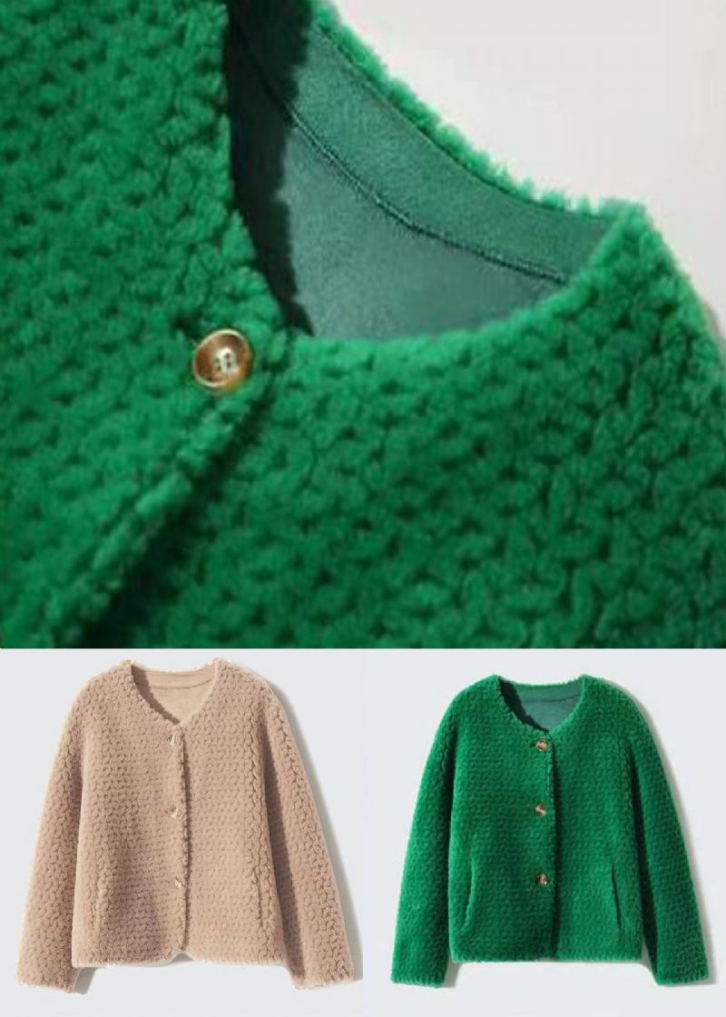 Løse Khaki O-halslommer Patchwork Uldfrakker Vinter - Dame vinterfrakker