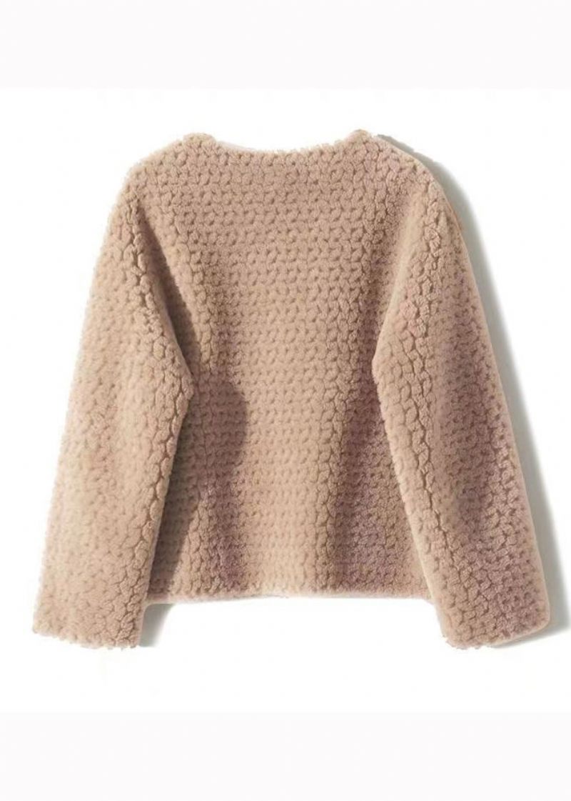 Løse Khaki O-halslommer Patchwork Uldfrakker Vinter - Dame vinterfrakker
