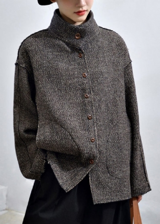 Løse Mørkegrå Knaplommer Patchwork Cashmere Frakker Efterår