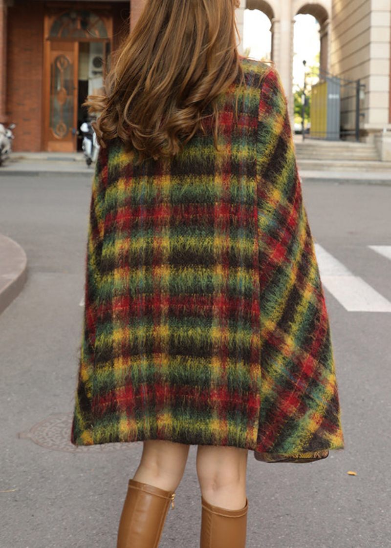 Løse Plaid Knaplommer Patchwork Ulden Cape Coats Ærmeløs - Dame vinterfrakker