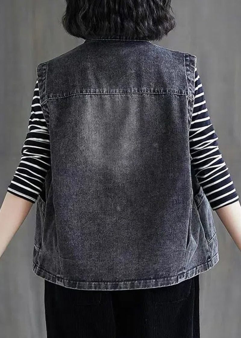 Løse Sort Grå Farve O-hals Patchwork Knaplommer Denim Vest Uden Ærmer - Sort Grå Farve