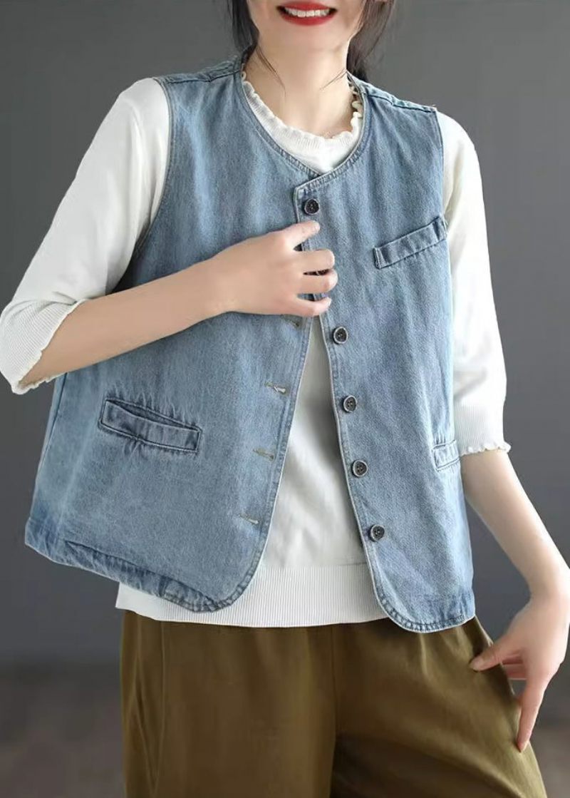 Lyseblå Patchwork Denimvest Efterår - Lyseblå