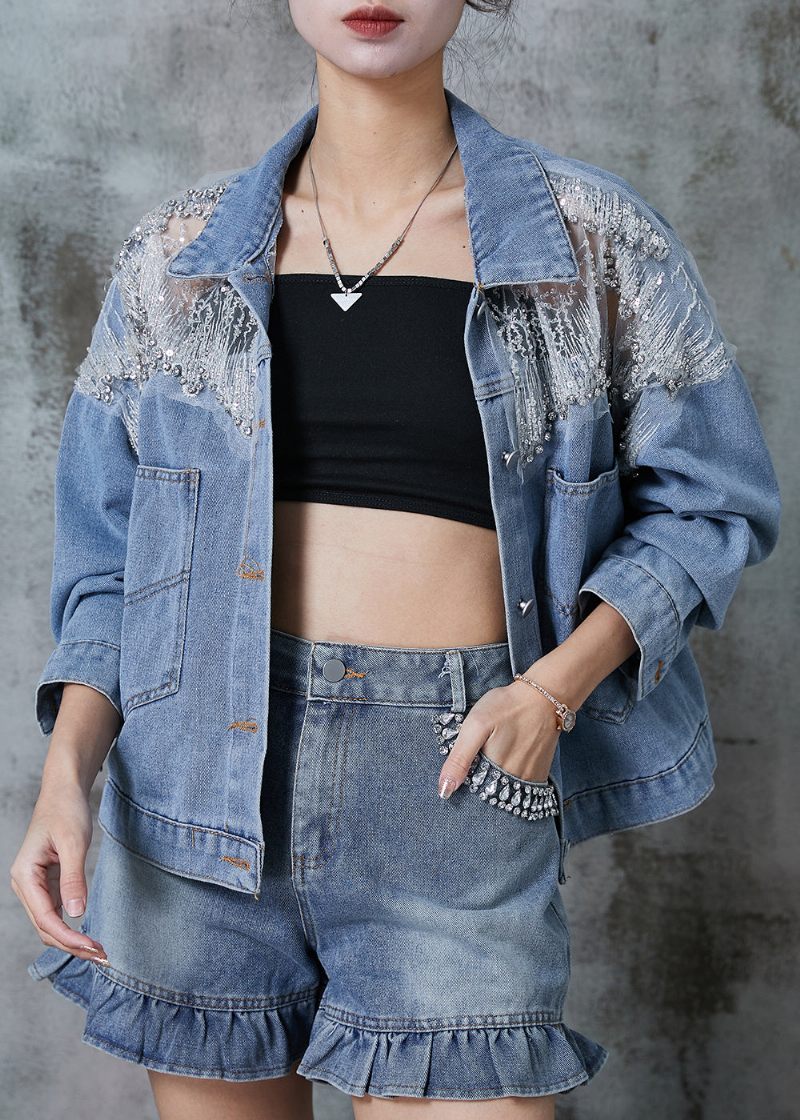 Mode Blå Hule Lommer Denimfrakker Forår - Dame vinterfrakker