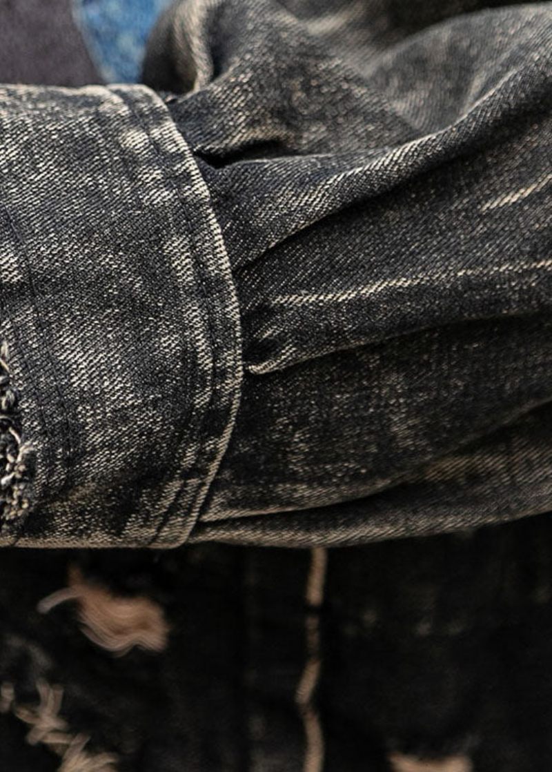 Mode Denim Løs Patchwork Print Lommer Fall Langærmet Frakke - Dame vinterfrakker