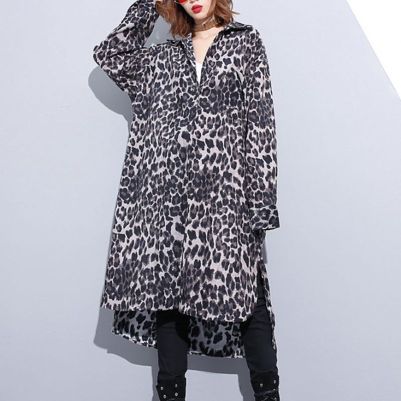 Mode Sort Leopard Plus Size Frakke Turn-down Krave Baggy