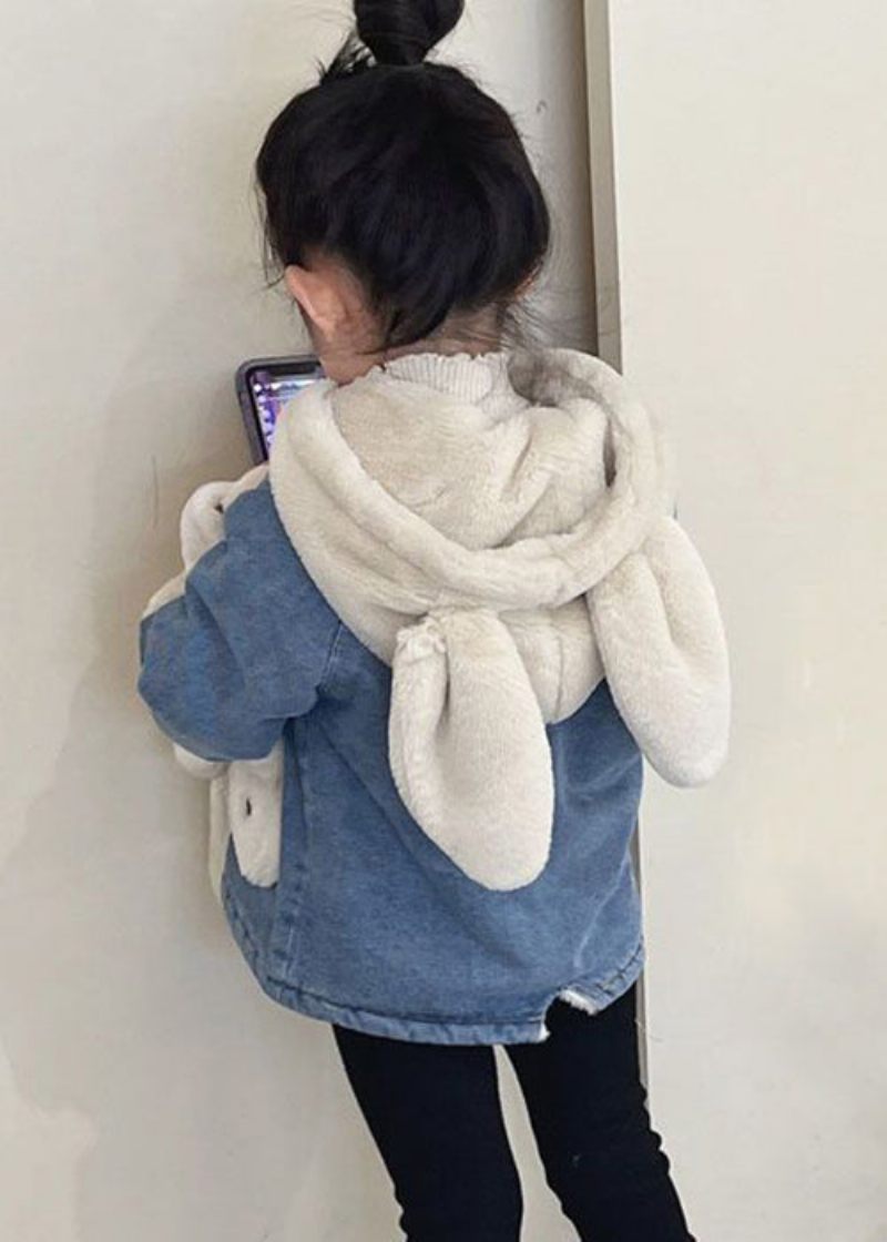 Moderne Blå Hætte Med Lynlås Patchwork Varm Fleece Pigefrakke Langærmet - Dame vinterfrakker