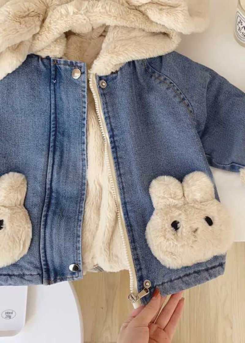 Moderne Blå Hætte Med Lynlås Patchwork Varm Fleece Pigefrakke Langærmet - Dame vinterfrakker