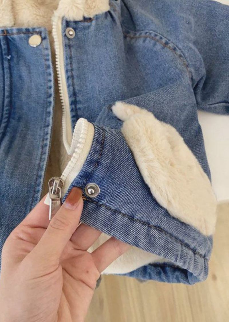 Moderne Blå Hætte Med Lynlås Patchwork Varm Fleece Pigefrakke Langærmet - Dame vinterfrakker
