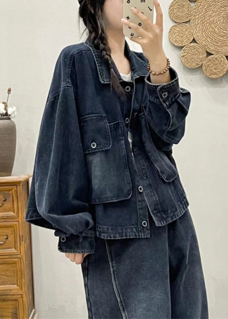 Moderne Blå Knaplommer Patchwork Denim Frakke Efterår - Dame vinterfrakker