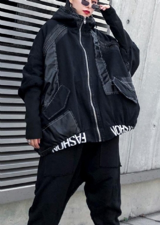 Moderne Denim Sort Plus Size Til Kvinder Syning Af Patchworkfrakker Med Lynlås
